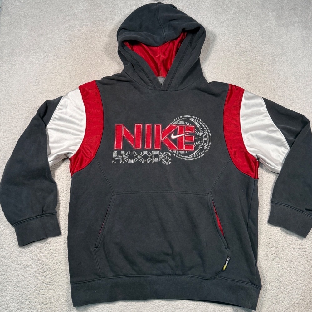 Vintage Y2K Nike Hoops Hoodie Kids Large Black Red White 2005 Basketball Graphic